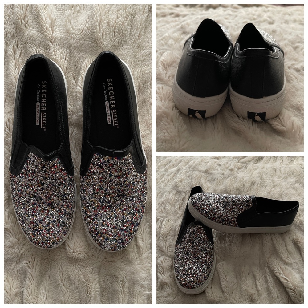 Skechers Black Glitter Slip On Sneakers Memory Foam.